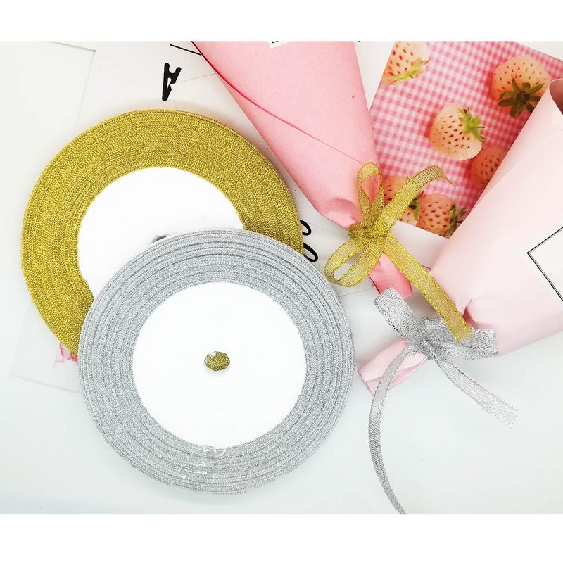 Oubaka 4 Roll Glitter Metallic Ribbon Gold Silver Glitter Ribbon for Gift Crafters Wedding Party Birthday Wrap Hair Bows Floral Projects Wrapping Decorations DIY Crafts Arts(1/4inx22m) - Image 3